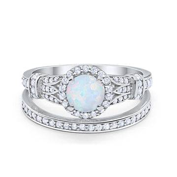 Two Piece Wedding Promise Ring Lab Created White Opal 925 Sterling Silver